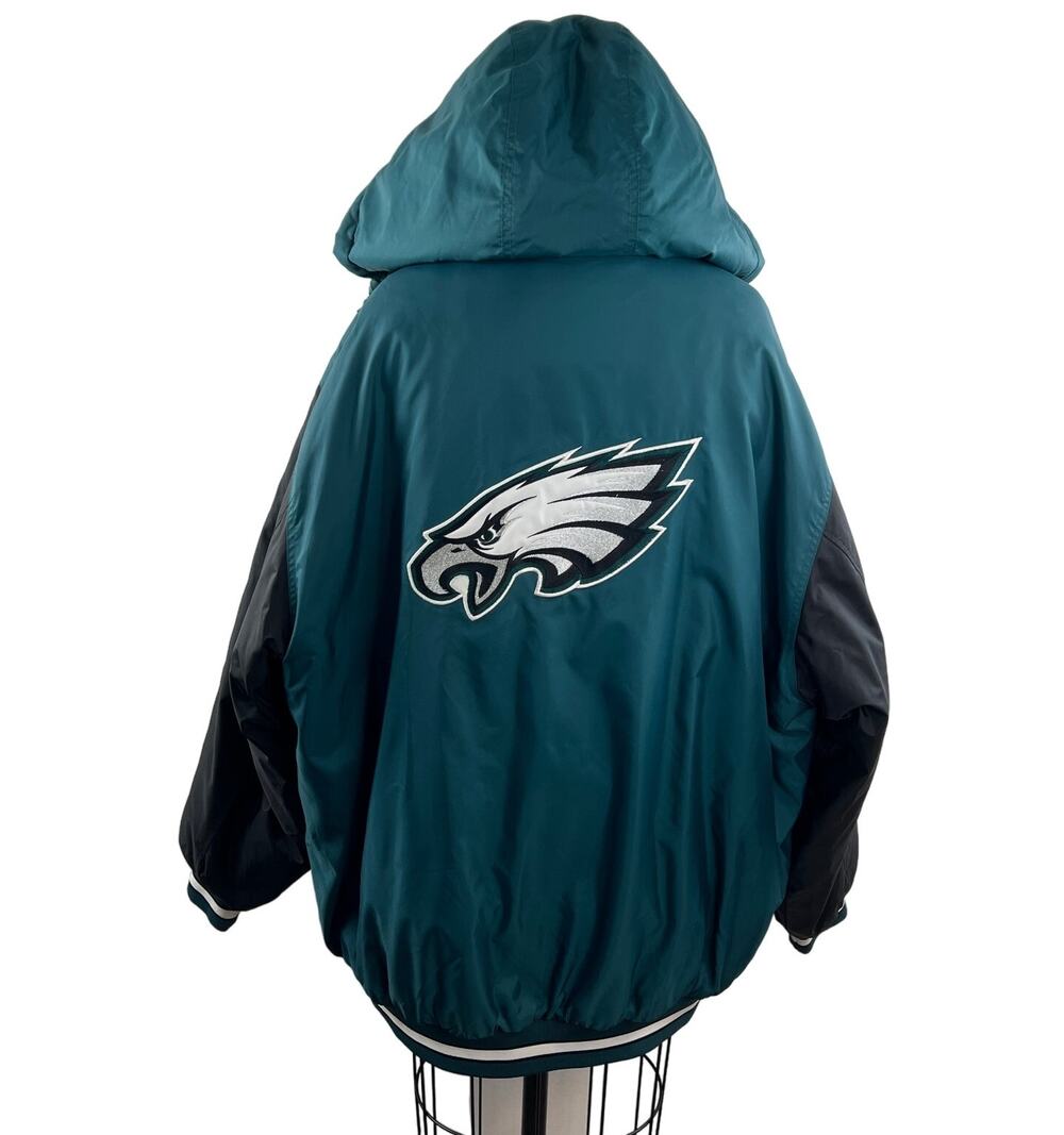 VINTAGE Reebok Philadelphia Eagles NFL Jacket Teal Black Hooded Snap Size XL
